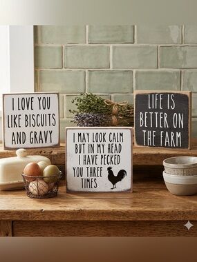 Rustic Humorous Farmhouse Decor wooden shelf signs set of 3. New